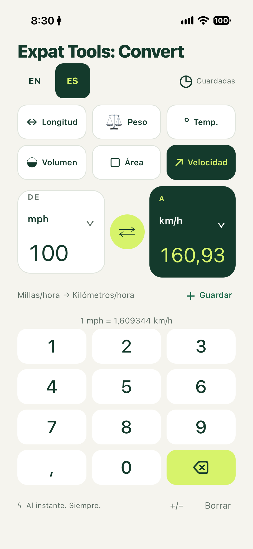 Speed conversion in Spanish