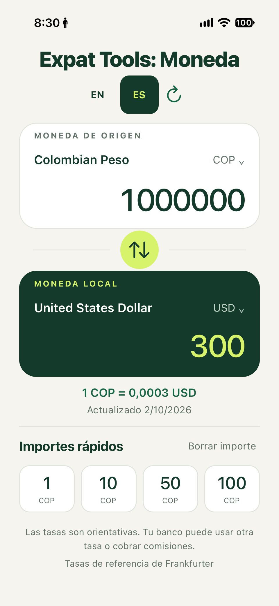 Expat Tools Moneda en español