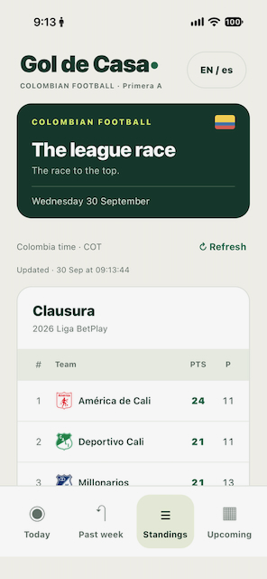 Gol de Casa standings screen in English